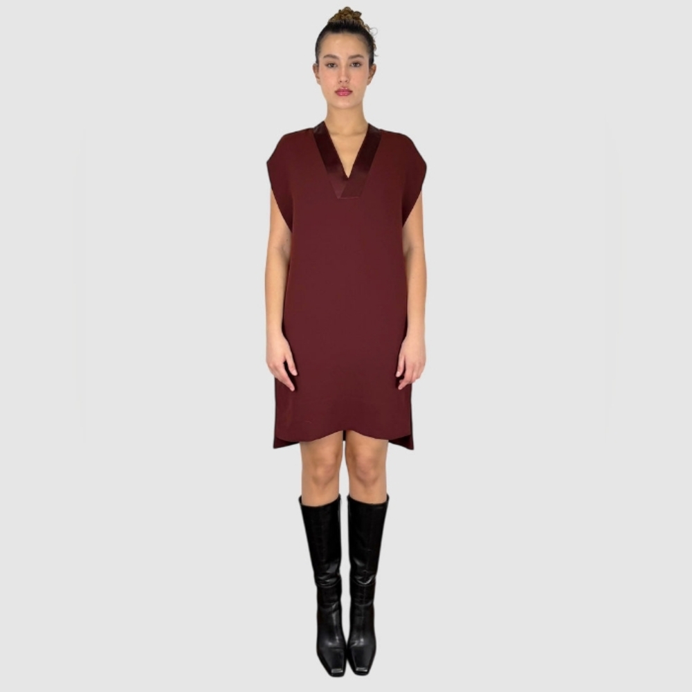 Vince Deep Burgundy Satin Trim V-neck Dress** Sz S/P - Picture 3 of 13